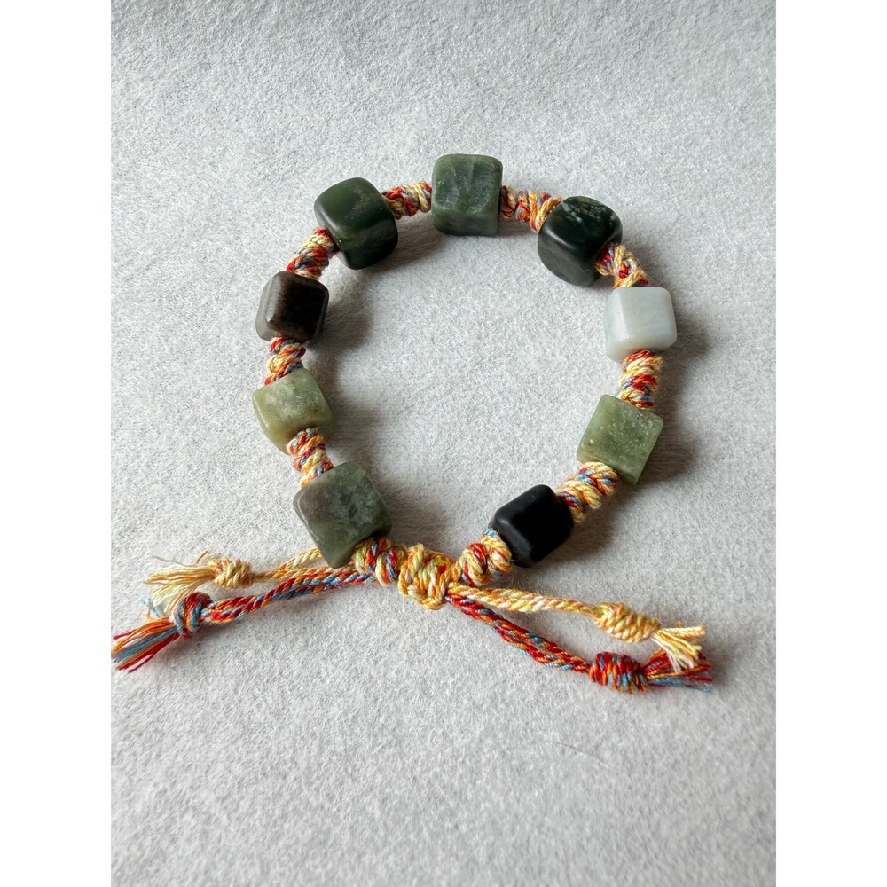 Natural Nephrite Jade Cube Bracelet Handmade Multicolor Braided Cord bracelet